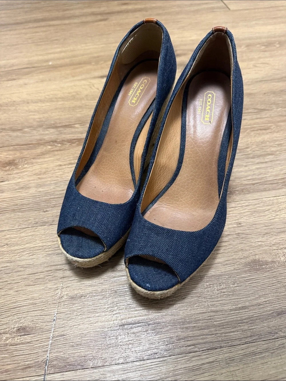 Coach Navy Denim Peep-Toe Espadrille Wedge Heels 8.5